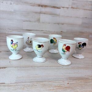Vintage Lot Of 6 Egg Cups Rooster White Gold Trim Farmyard Farm Animals Cup